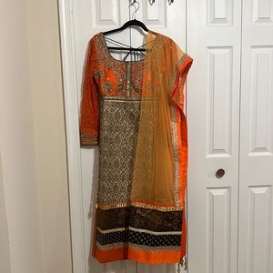 Orange and Gold Long Pajami Suit with Net Dupatta
